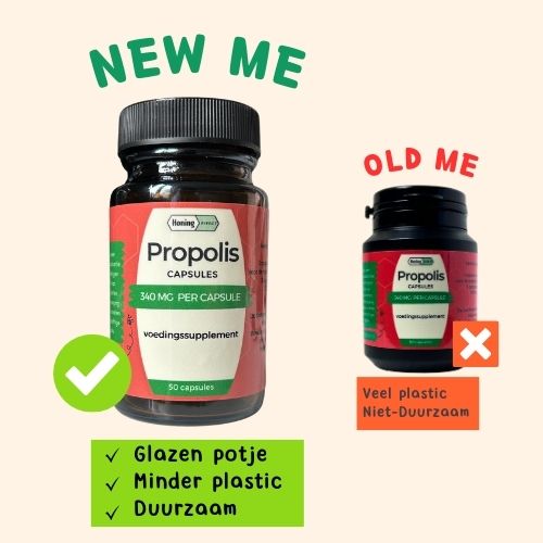 Propolis capsules 340 mg per capsule in vergelijking met oude verpakking